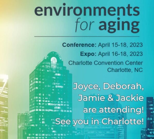 Announcement image for 2023 Environments for Aging Conference depicts the Charlotte NC skyline, with conference details superimposed