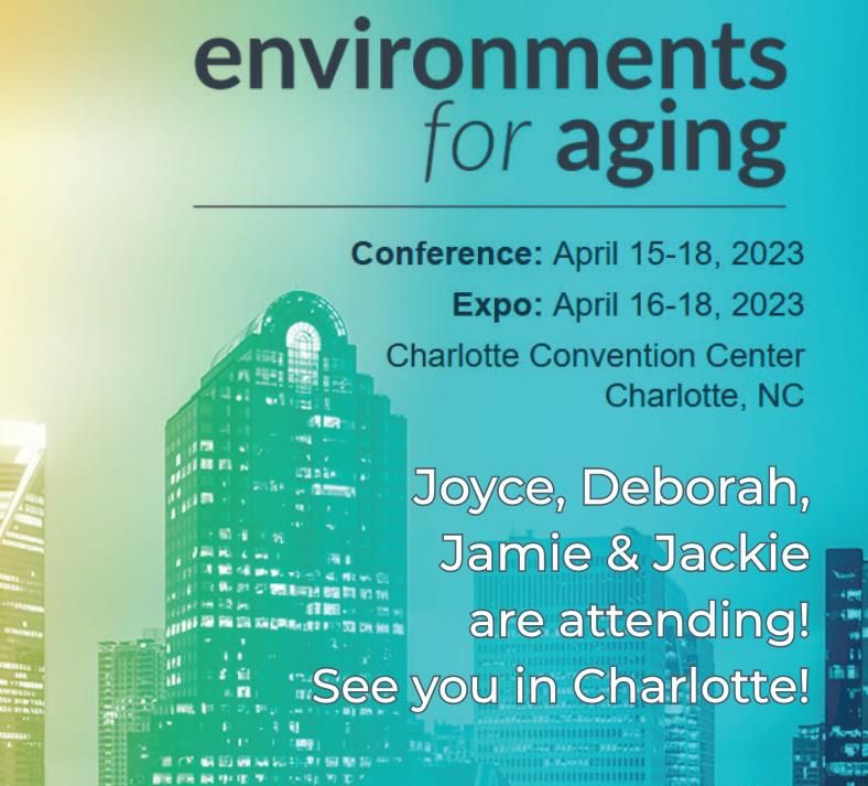 Announcement image for 2023 Environments for Aging Conference depicts the Charlotte NC skyline, with conference details superimposed
